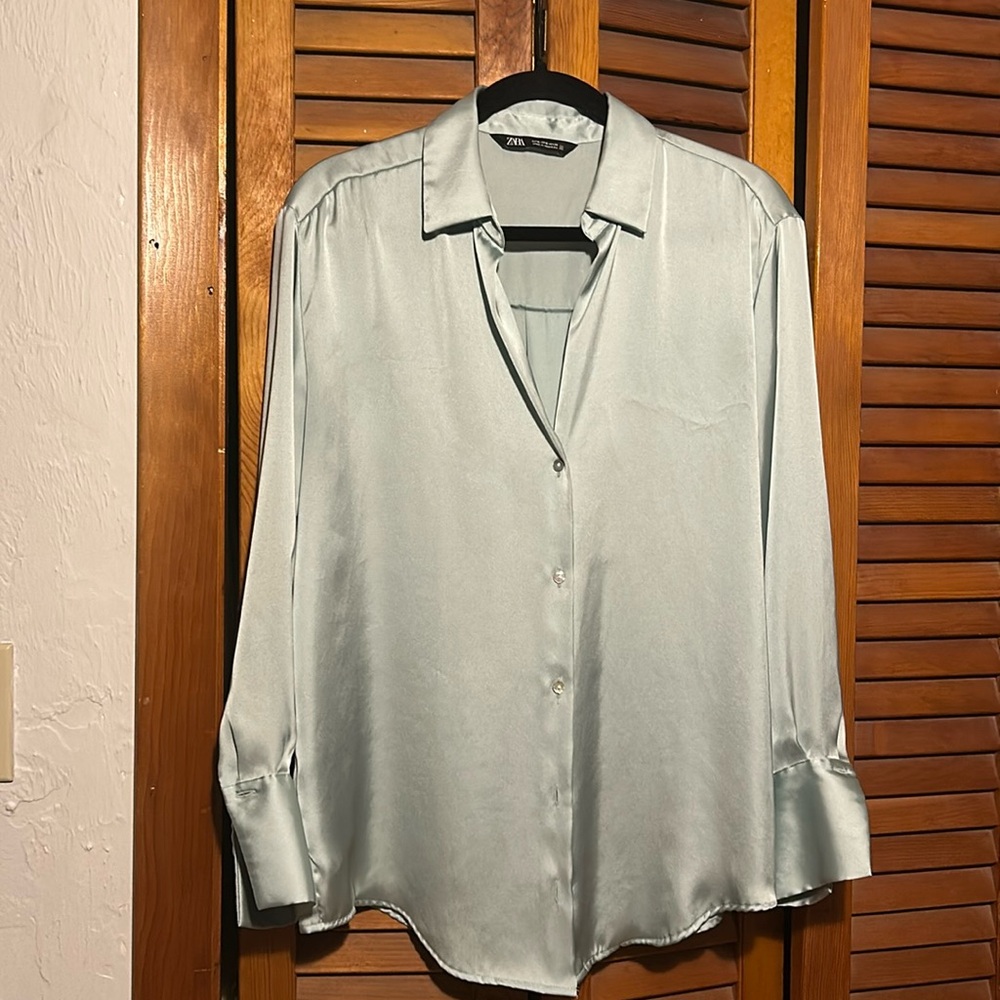 Small, Light Green / Mint Satin Button Up ZARA